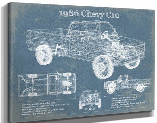 14" x 11" / Stretched Canvas Wrap Cutler West 1986 Chevy C10 Vintage Blueprint Auto Print