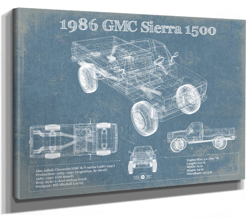14" x 11" / Stretched Canvas Wrap Cutler West 1986 GMC Sierra 1500 Vintage Blueprint Auto Print