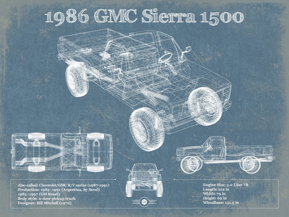 14" x 11" / Stretched Canvas Wrap Cutler West 1986 GMC Sierra 1500 Vintage Blueprint Auto Print