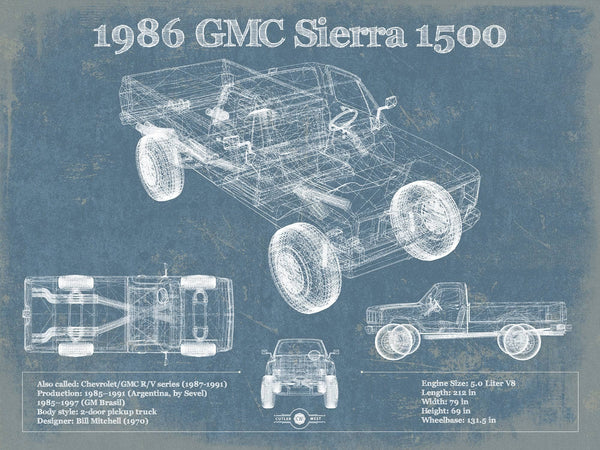 14" x 11" / Unframed Cutler West 1986 GMC Sierra 1500 Vintage Blueprint Auto Print