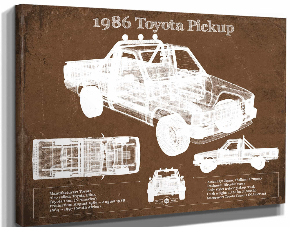 14" x 11" / Stretched Canvas Wrap Cutler West 1986 Toyota Hilux Pickup Vintage Blueprint Auto Print