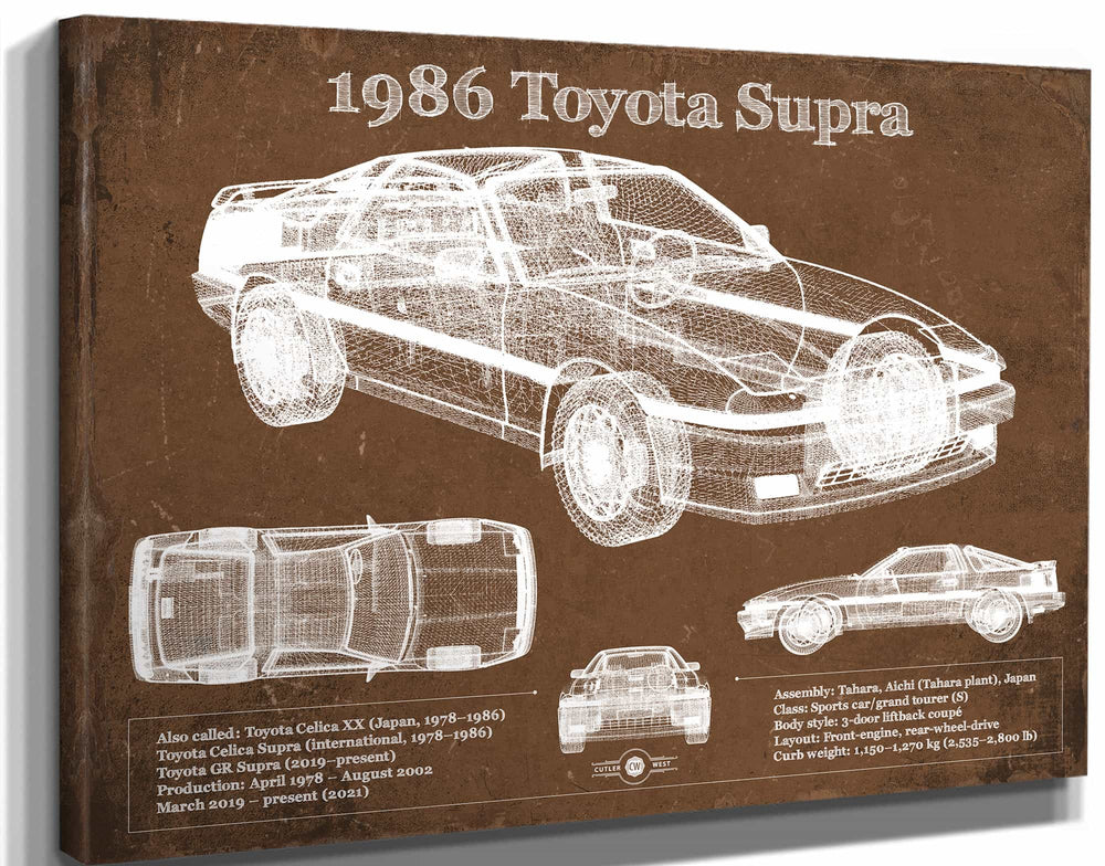 14" x 11" / Stretched Canvas Wrap Cutler West 1986 Toyota Supra Vintage Blueprint Auto Print