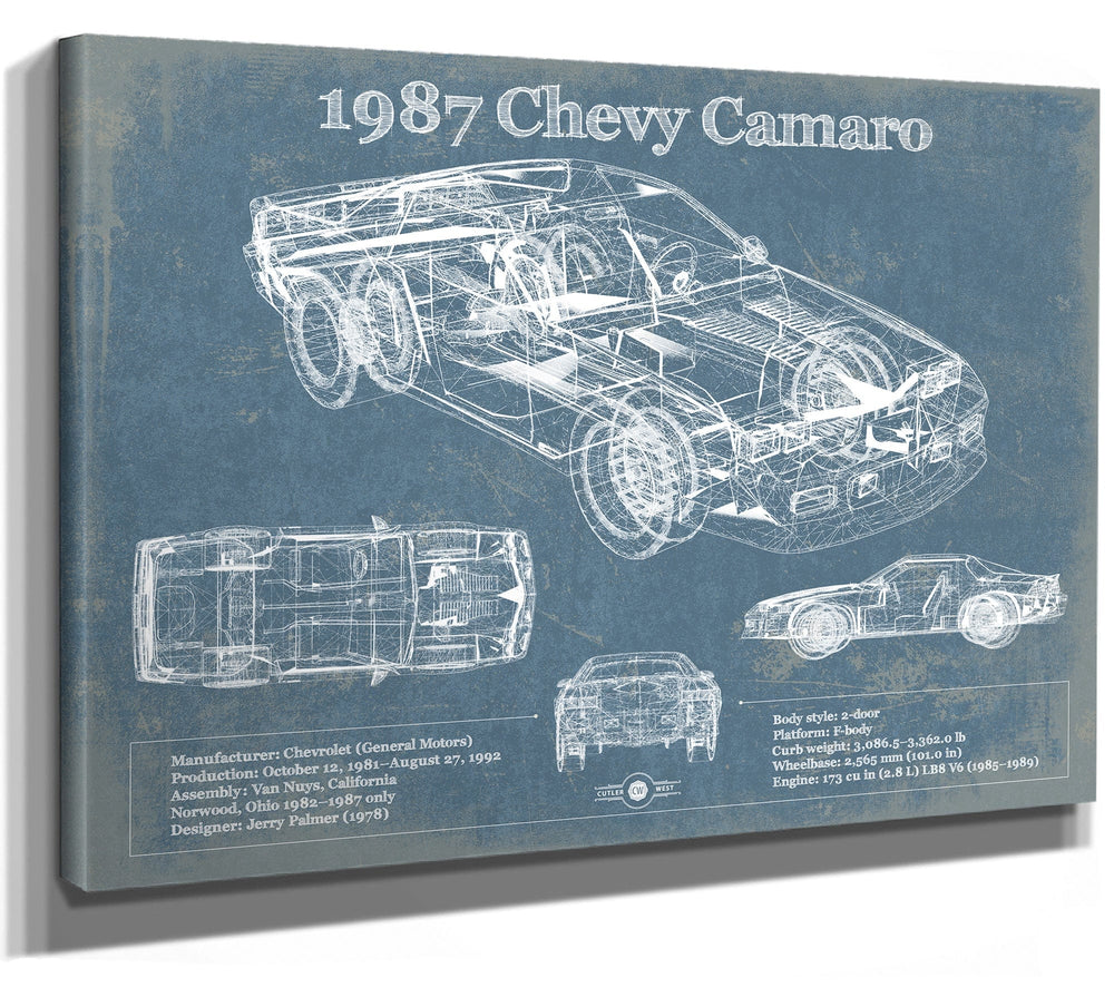 14" x 11" / Stretched Canvas Wrap Cutler West 1987 Chevrolet Camaro Vintage Blueprint Auto Print