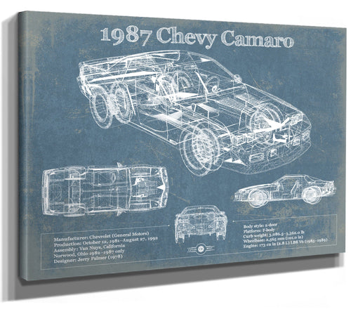 14" x 11" / Stretched Canvas Wrap Cutler West 1987 Chevrolet Camaro Vintage Blueprint Auto Print