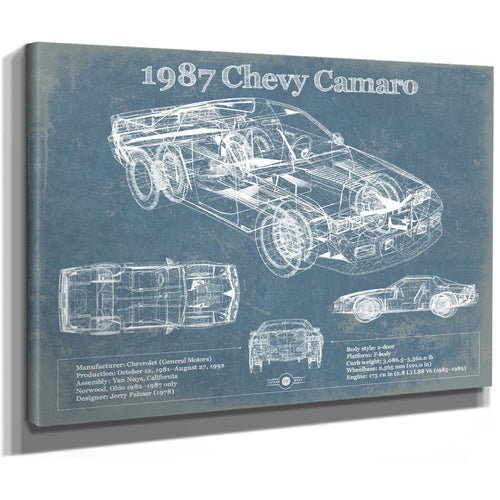 1988 Chevrolet Camaro Z28 Blueprint Art Print as a stretched canvas wrap with gallery wrapped edges