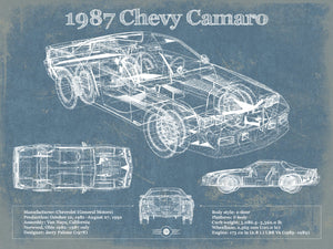 14" x 11" / Unframed Cutler West 1987 Chevrolet Camaro Vintage Blueprint Auto Print