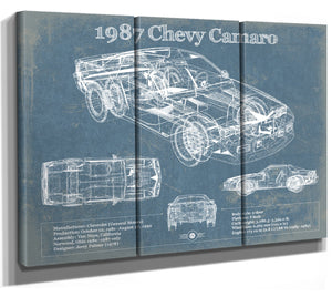 36" x 24" / 3 Panel Canvas Wrap Cutler West 1987 Chevrolet Camaro Vintage Blueprint Auto Print