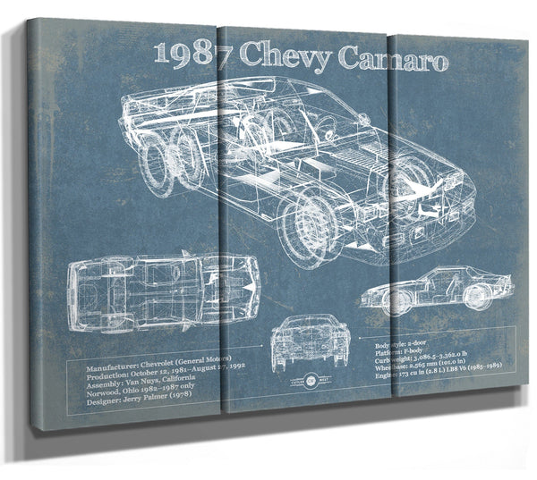 36" x 24" / 3 Panel Canvas Wrap Cutler West 1987 Chevrolet Camaro Vintage Blueprint Auto Print