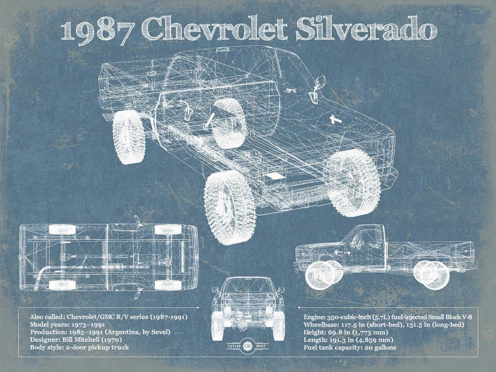 14" x 11" / Stretched Canvas Wrap Cutler West 1987 Chevrolet Silverado Blueprint Vintage Auto Print