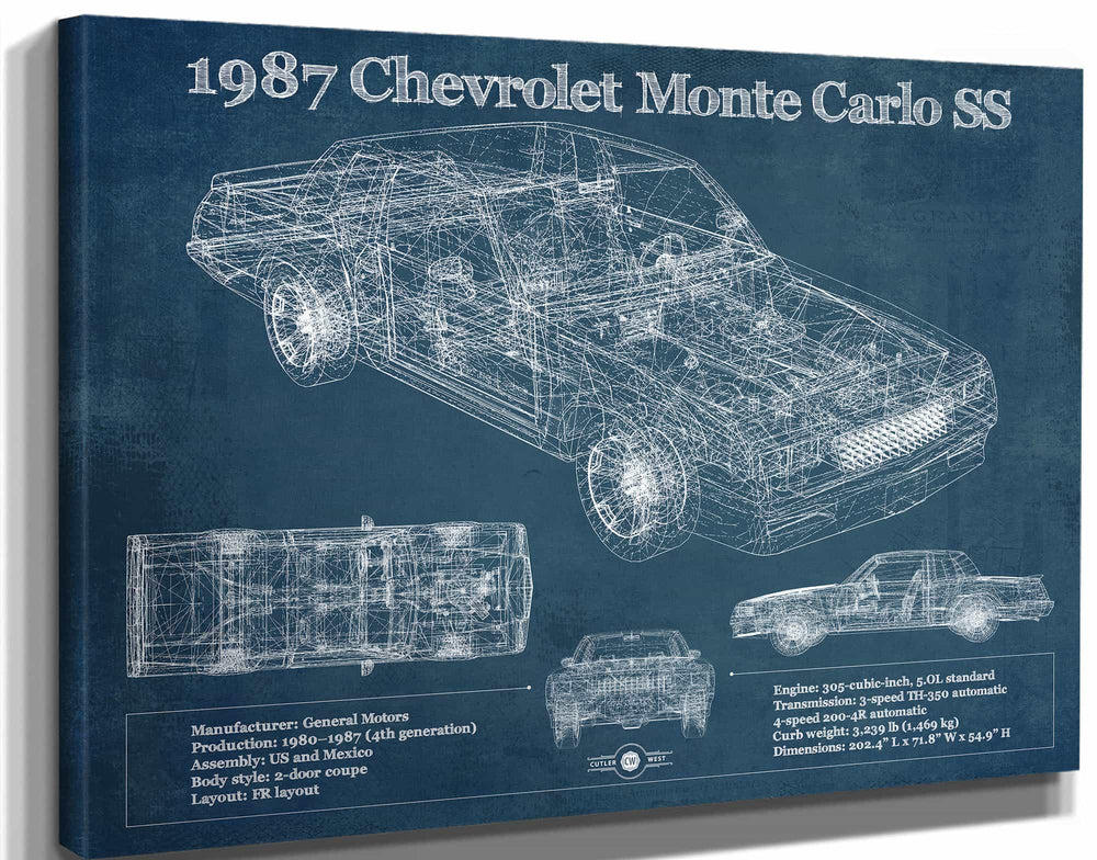14" x 11" / Stretched Canvas Wrap Cutler West 1987 Monte Carlo SS Vintage Blueprint Auto Print