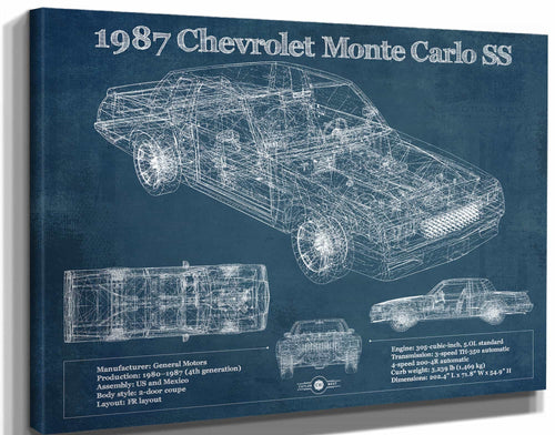 14" x 11" / Stretched Canvas Wrap Cutler West 1987 Monte Carlo SS Vintage Blueprint Auto Print