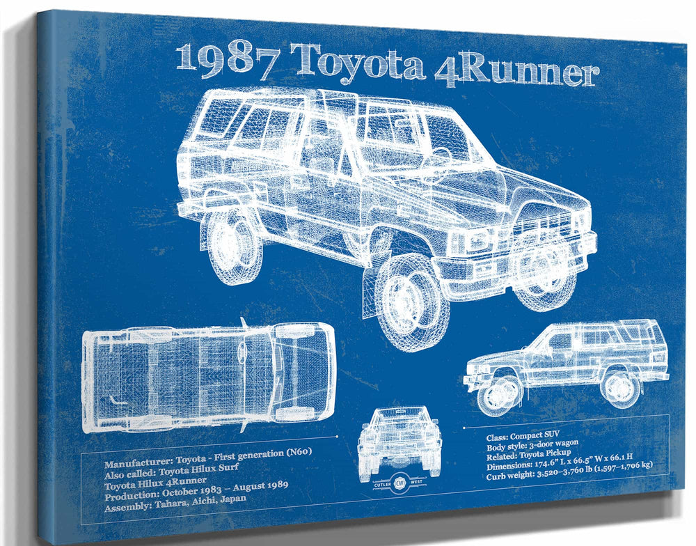 14" x 11" / Stretched Canvas Wrap Cutler West 1987 Toyota 4runner Vintage Blueprint Auto Print