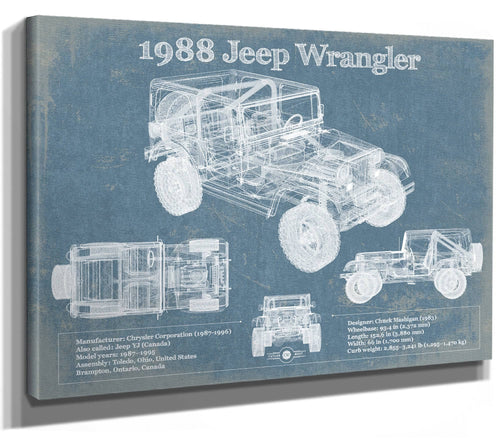 14" x 11" / Stretched Canvas Wrap Cutler West 1988 Jeep Wrangler Vintage Blueprint Auto Print
