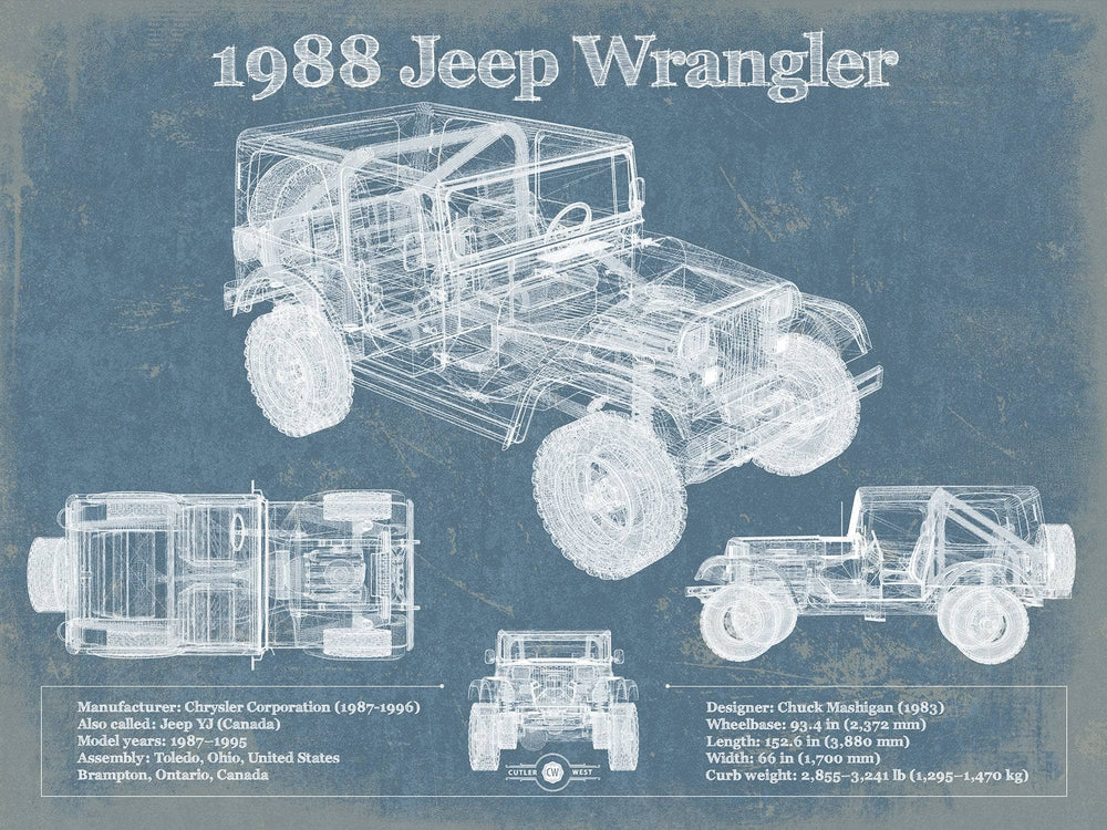 14" x 11" / Stretched Canvas Wrap Cutler West 1988 Jeep Wrangler Vintage Blueprint Auto Print