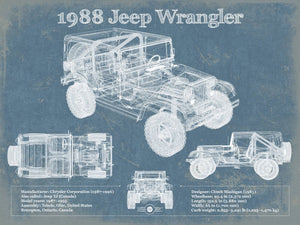 14" x 11" / Unframed Cutler West 1988 Jeep Wrangler Vintage Blueprint Auto Print