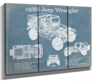 36" x 24" / 3 Panel Canvas Wrap Cutler West 1988 Jeep Wrangler Vintage Blueprint Auto Print