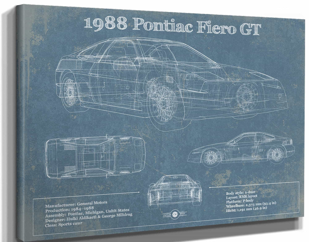 14" x 11" / Stretched Canvas Wrap Cutler West 1988 Pontiac Fiero GT Vintage Blueprint Auto Print