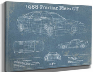 14" x 11" / Stretched Canvas Wrap Cutler West 1988 Pontiac Fiero GT Vintage Blueprint Auto Print