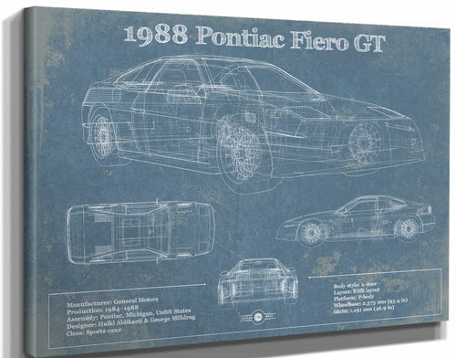 14" x 11" / Stretched Canvas Wrap Cutler West 1988 Pontiac Fiero GT Vintage Blueprint Auto Print