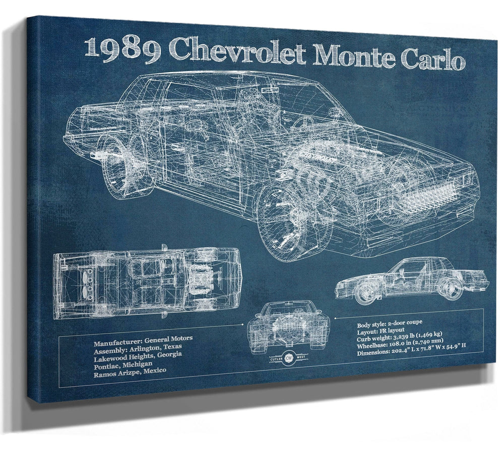 14" x 11" / Stretched Canvas Wrap Cutler West 1989 Chevrolet Monte Carlo SS Blueprint Vintage Auto Patent Print