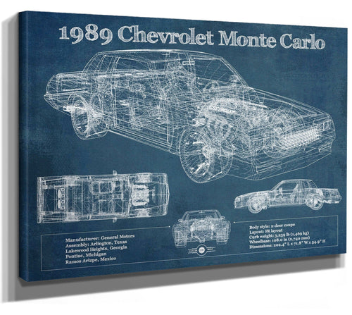 14" x 11" / Stretched Canvas Wrap Cutler West 1989 Chevrolet Monte Carlo SS Blueprint Vintage Auto Patent Print