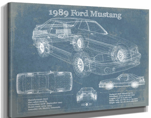 14" x 11" / Stretched Canvas Wrap Cutler West 1989 Ford Mustang Vintage Blueprint Auto Print