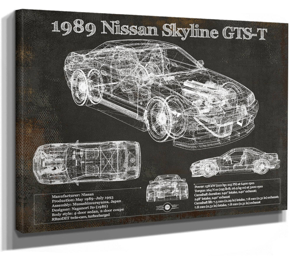 14" x 11" / Stretched Canvas Wrap Cutler West 1989 Nissan Skyline GTS-T Original Blueprint Art