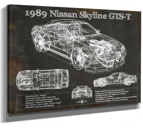 14" x 11" / Stretched Canvas Wrap Cutler West 1989 Nissan Skyline GTS-T Original Blueprint Art
