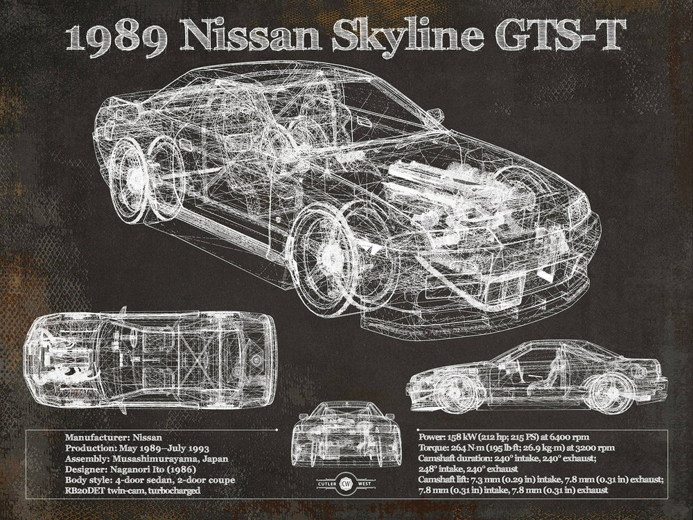 14" x 11" / Stretched Canvas Wrap Cutler West 1989 Nissan Skyline GTS-T Original Blueprint Art