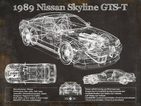 14" x 11" / Unframed Cutler West 1989 Nissan Skyline GTS-T Original Blueprint Art