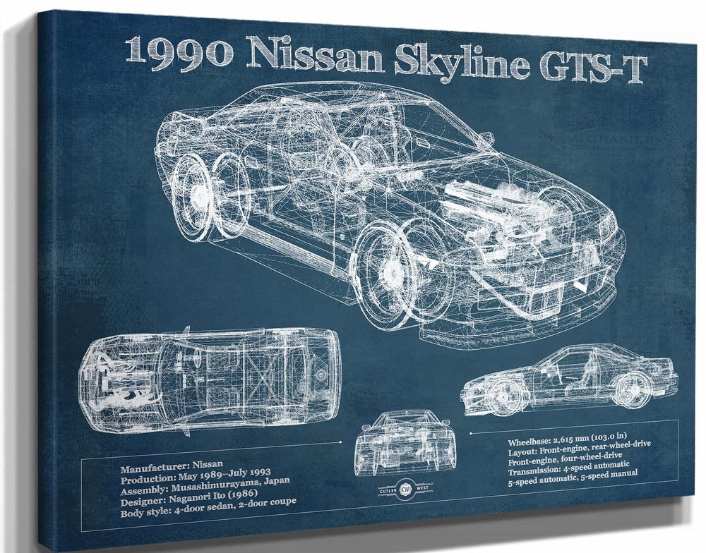 14" x 11" / Stretched Canvas Wrap Cutler West 1990 R32 Skyline GTS-T Original Blueprint Art