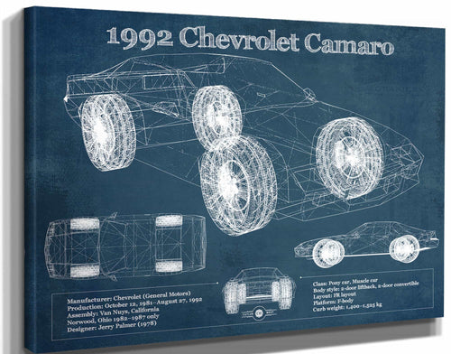 14" x 11" / Stretched Canvas Wrap Cutler West 1992 Chevrolet Camaro Vintage Blueprint Auto Print