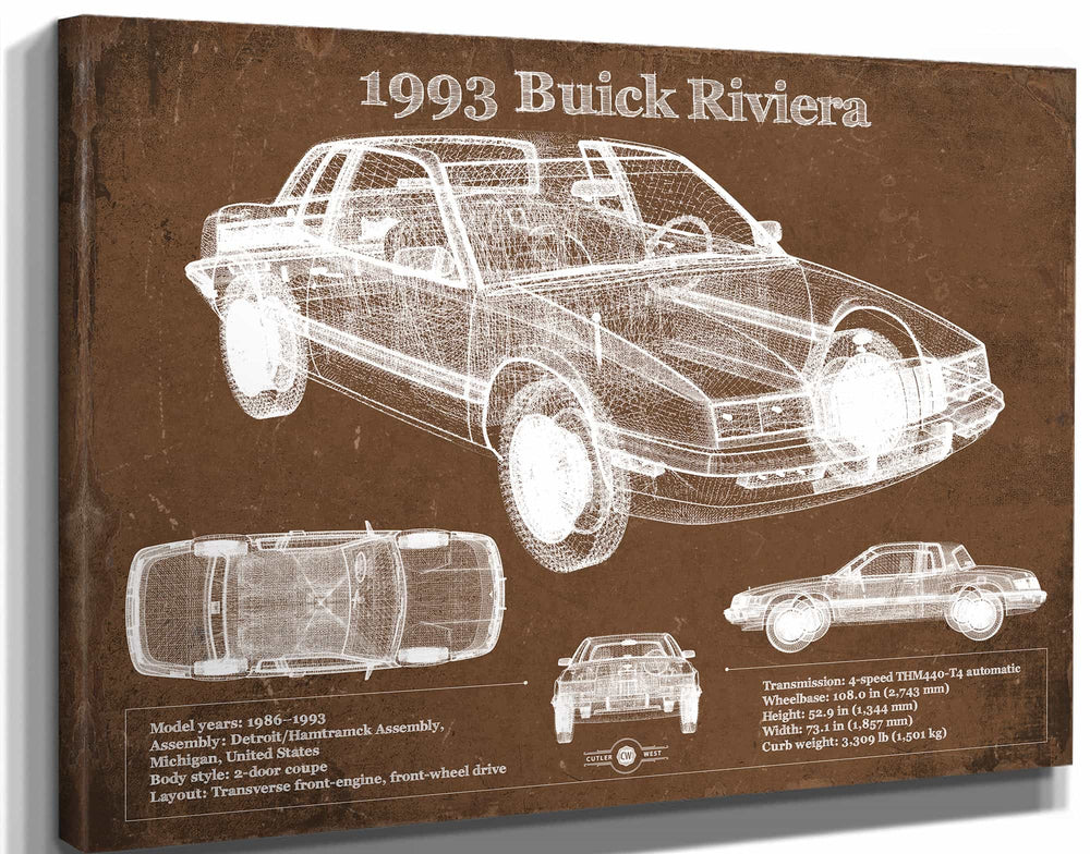 14" x 11" / Stretched Canvas Wrap Cutler West 1993 Buick Riviera Vintage Blueprint Auto Print