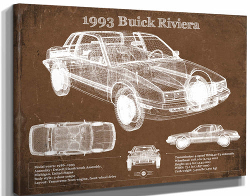 14" x 11" / Stretched Canvas Wrap Cutler West 1993 Buick Riviera Vintage Blueprint Auto Print