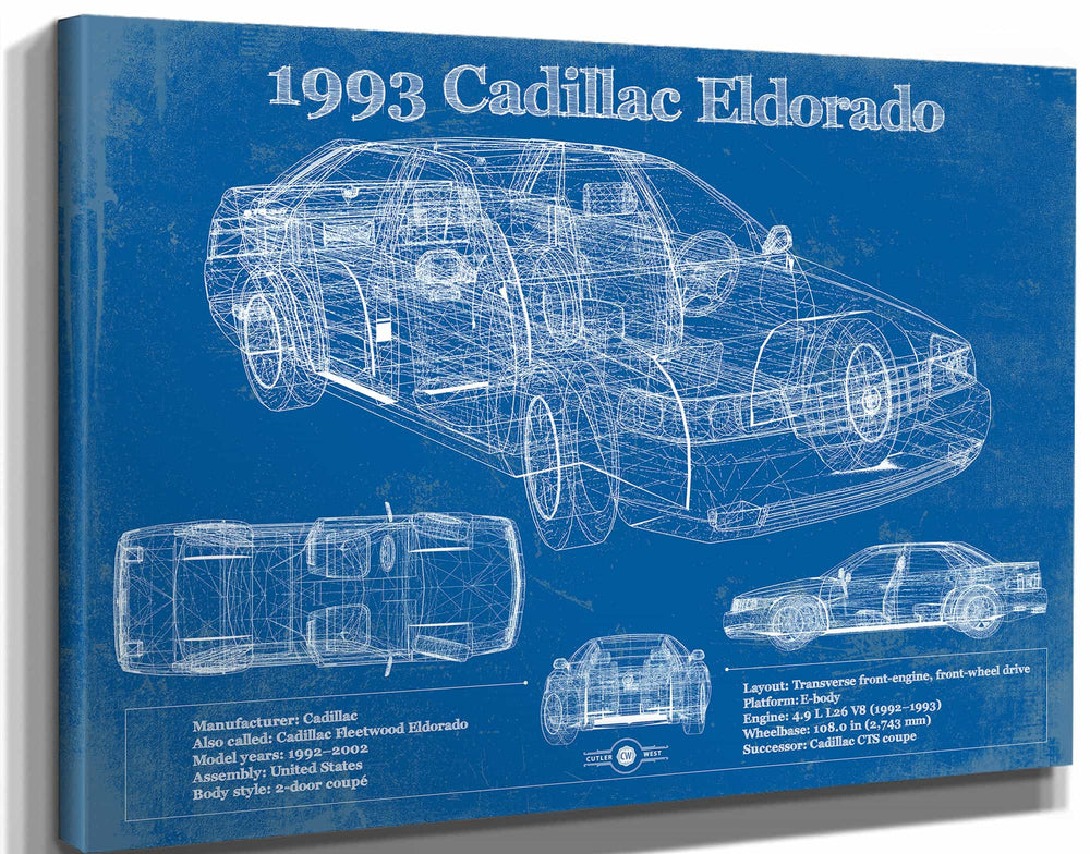 14" x 11" / Stretched Canvas Wrap Cutler West 1993 Cadillac Eldorado Coupe Vintage Blueprint Auto Print