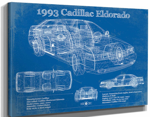 14" x 11" / Stretched Canvas Wrap Cutler West 1993 Cadillac Eldorado Coupe Vintage Blueprint Auto Print