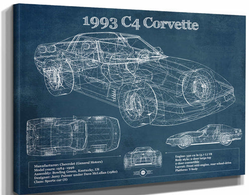 14" x 11" / Stretched Canvas Wrap Cutler West 1993 Chevrolet C4 Corvette Blueprint Vintage Auto Print