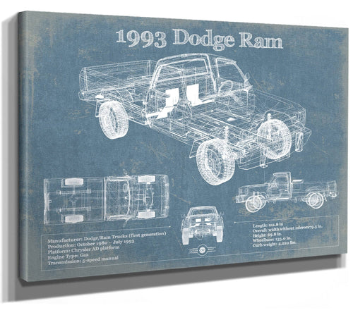14" x 11" / Stretched Canvas Wrap Cutler West 1993 Dodge RAM 150 Vintage Blueprint Auto Print