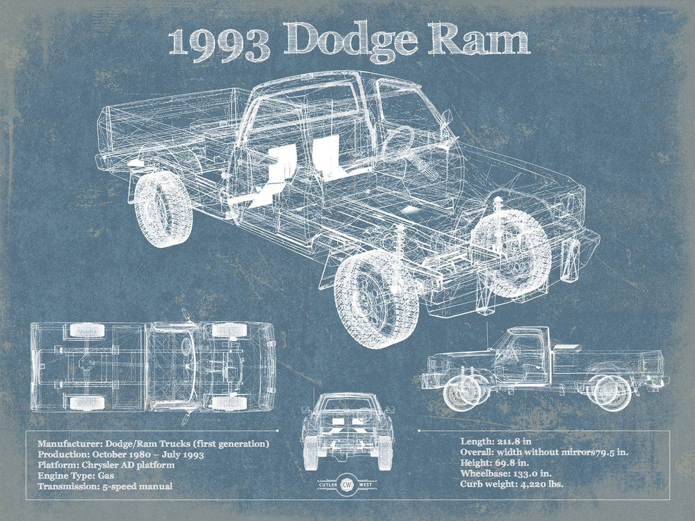 14" x 11" / Stretched Canvas Wrap Cutler West 1993 Dodge RAM 150 Vintage Blueprint Auto Print