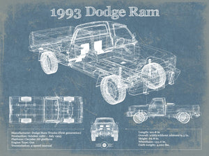 14" x 11" / Unframed Cutler West 1993 Dodge RAM 150 Vintage Blueprint Auto Print