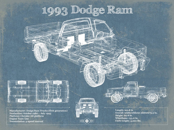 14" x 11" / Unframed Cutler West 1993 Dodge RAM 150 Vintage Blueprint Auto Print