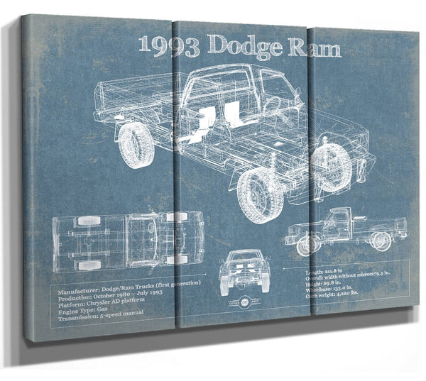 36" x 24" / 3 Panel Canvas Wrap Cutler West 1993 Dodge RAM 150 Vintage Blueprint Auto Print