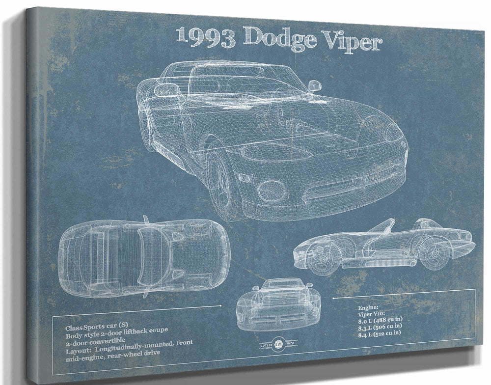 14" x 11" / Stretched Canvas Wrap Cutler West 1993 Dodge Viper Vintage Blueprint Auto Print