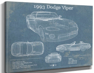 14" x 11" / Stretched Canvas Wrap Cutler West 1993 Dodge Viper Vintage Blueprint Auto Print
