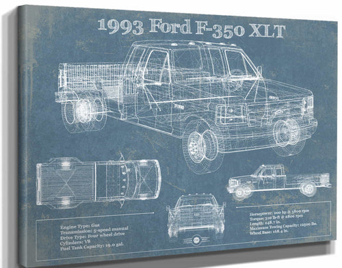 14" x 11" / Stretched Canvas Wrap Cutler West 1993 Ford F-350 XLT Vintage Blueprint Auto Print