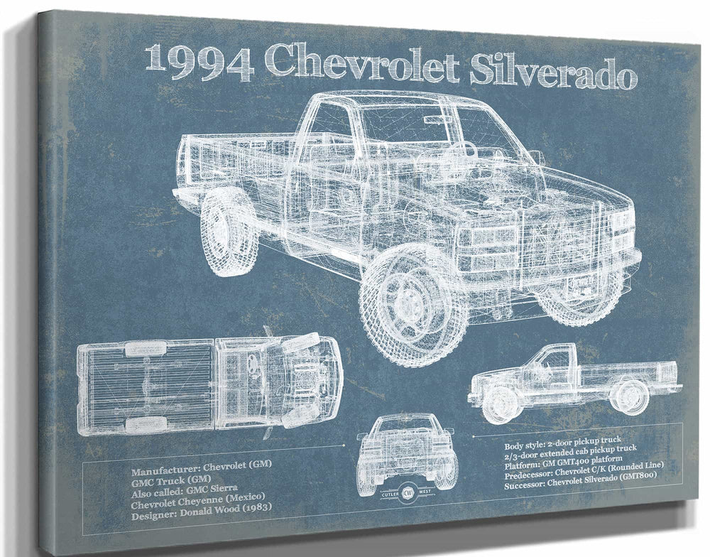 14" x 11" / Stretched Canvas Wrap Cutler West 1994 Chevrolet Silverado 1500 Vintage Blueprint Auto Print