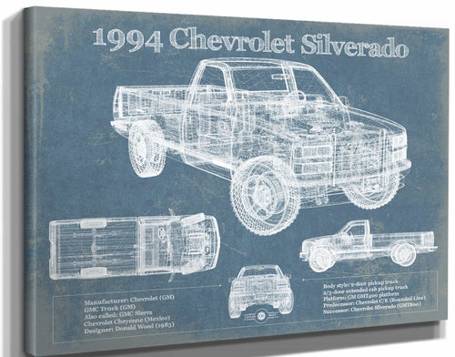 14" x 11" / Stretched Canvas Wrap Cutler West 1994 Chevrolet Silverado 1500 Vintage Blueprint Auto Print