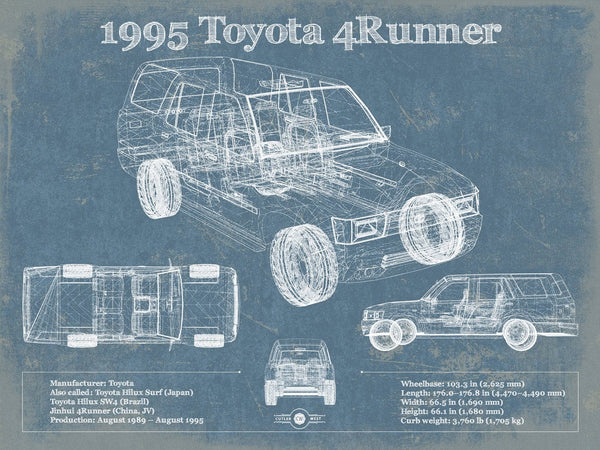 14" x 11" / Unframed Cutler West 1995 Toyota 4Runner Vintage Blueprint Auto Print