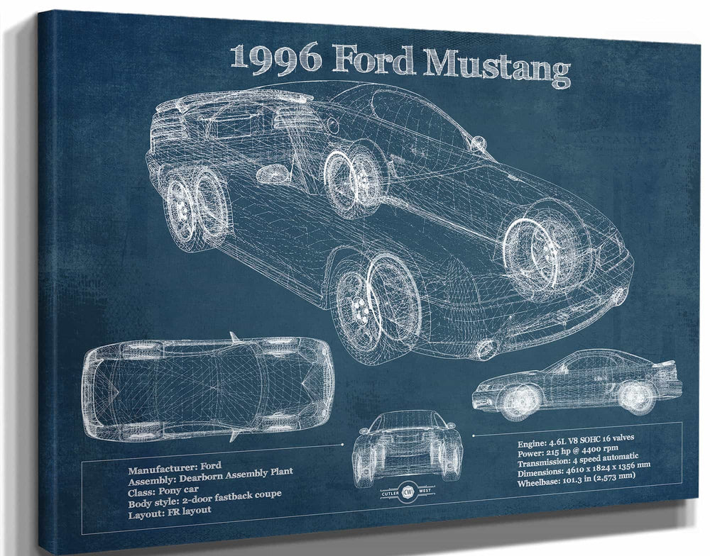 14" x 11" / Stretched Canvas Wrap Cutler West 1996 Ford Mustang Coupe Vintage Blueprint Auto Print