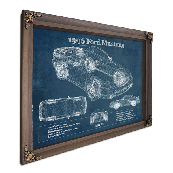 1996 Ford Mustang Coupe Blueprint Art Print in a Bourbon stained wood frame with antique gold corners